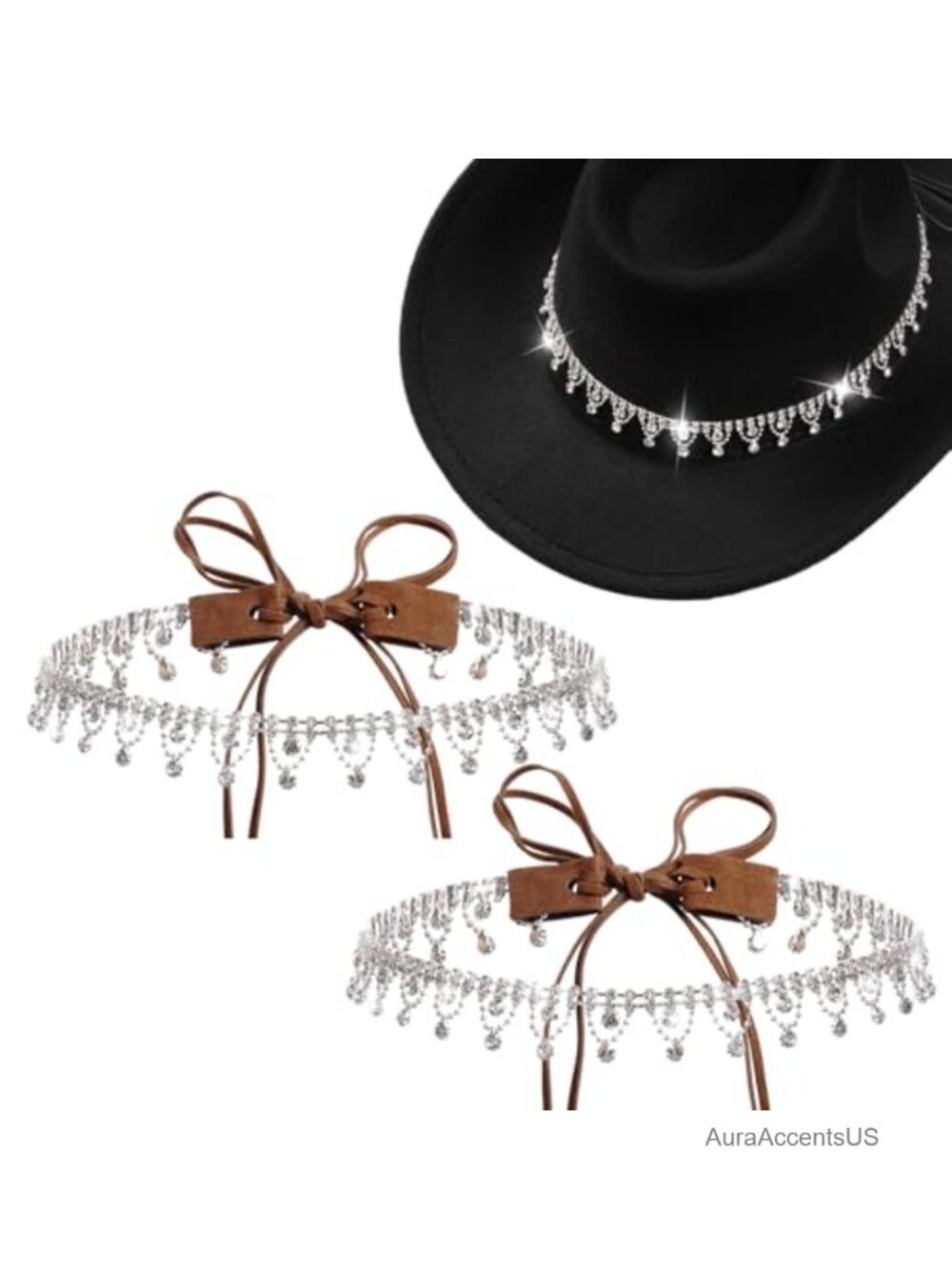 2 Pack Rhinestone Cowboy Hat Band Adjustable Western Hatband for Women